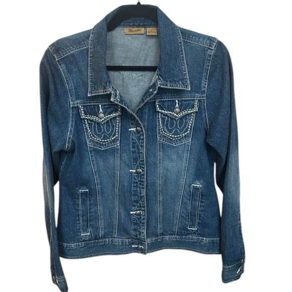 Wrangler Western Denim Embroidered Pockets Jean Denim Jacket Women Size M - Picture 1 of 17
